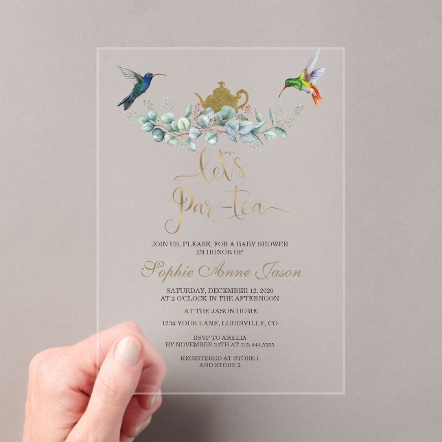 Eucalyptus Hummingbirds Boy Tea Baby Shower Acrylic Invitations (Insitu (Handheld))