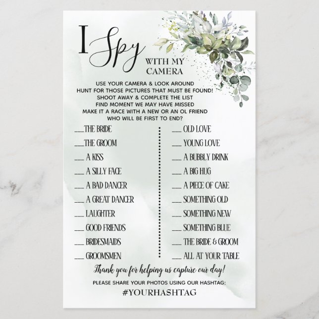 Eucalyptus I Spy wedding reception bilingual game (Front)