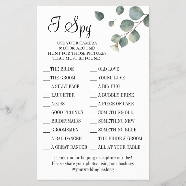Eucalyptus I spy wedding reception game card (Front)