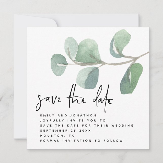 Eucalyptus Informal Script Save the Date Card (Front)
