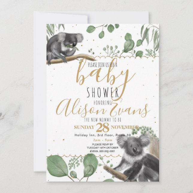 Eucalyptus Koalas gold glitter Baby Shower Announcement (Front)