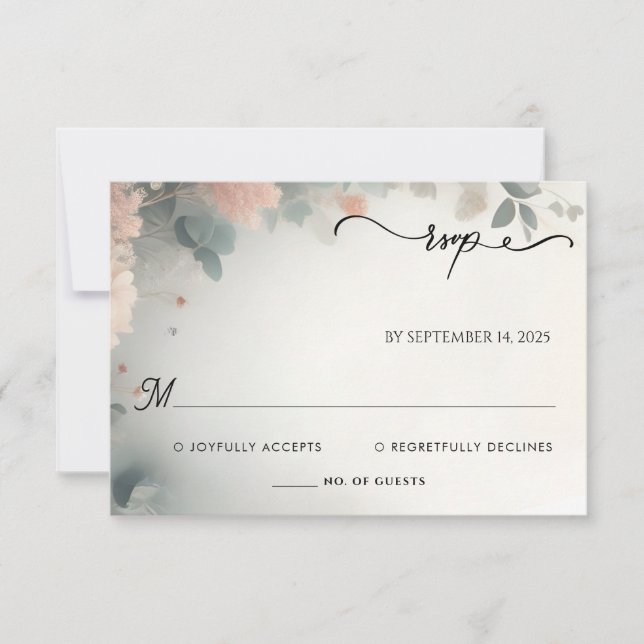 Eucalyptus Lace Tulle Pastel Dusty Blue Wedding RSVP Card (Front)