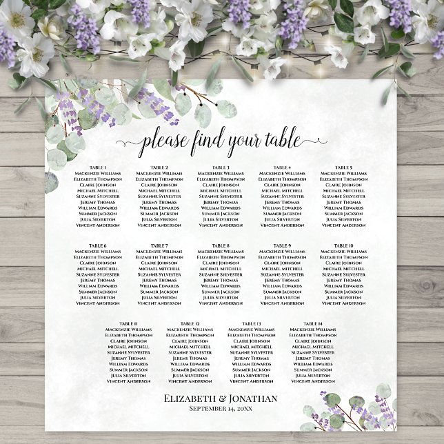 Eucalyptus Lavender 14 Table Wedding Seating Chart (In Situ on Wall with Flowers)