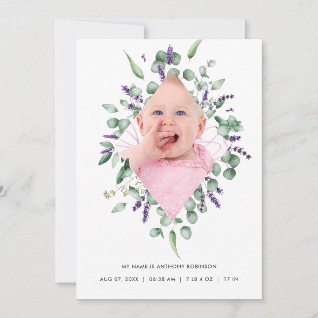 Eucalyptus Lavender Birth Announcement Photo Card (Front)