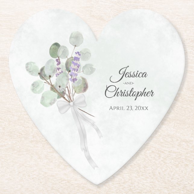 Eucalyptus & Lavender Bouquet Rustic Wedding Paper Coaster (Front)