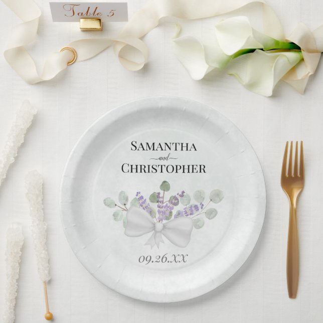 Eucalyptus & Lavender Bouquet Watercolor Wedding Paper Plate (Wedding)