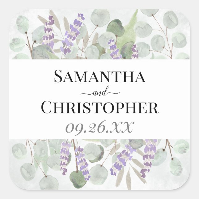 Eucalyptus & Lavender Elegant Watercolor Wedding Square Sticker (Front)