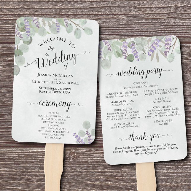 Eucalyptus & Lavender Elegant Wedding Program Hand Fan (Front/Back)