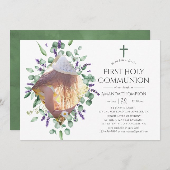 Eucalyptus Lavender First Holy Communion Invitation (Front/Back)