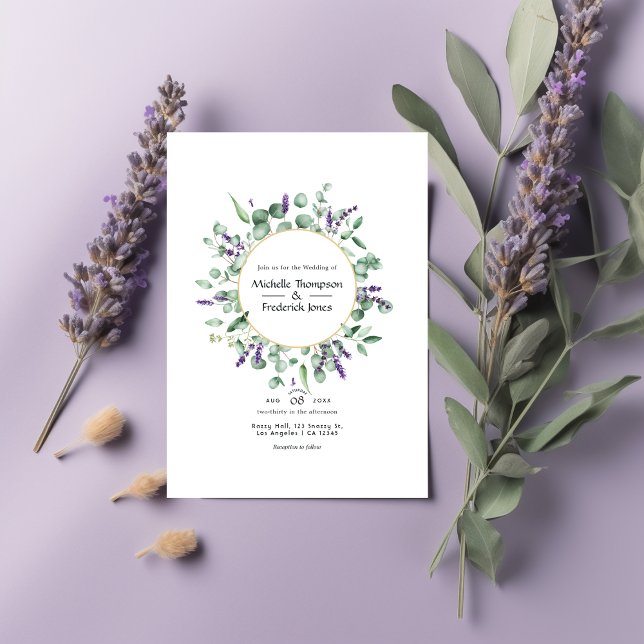 Eucalyptus Lavender Geometric Gold Wedding Invitation (Creator Uploaded)