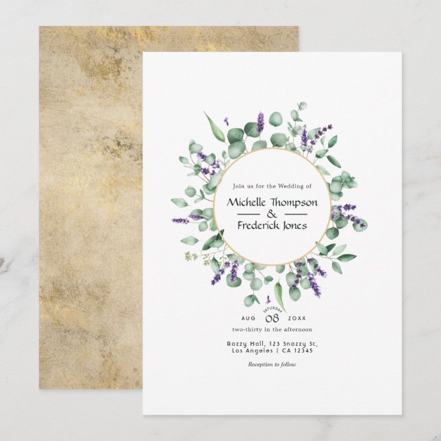 Eucalyptus Lavender Geometric Gold Wedding Invitation (Front/Back)