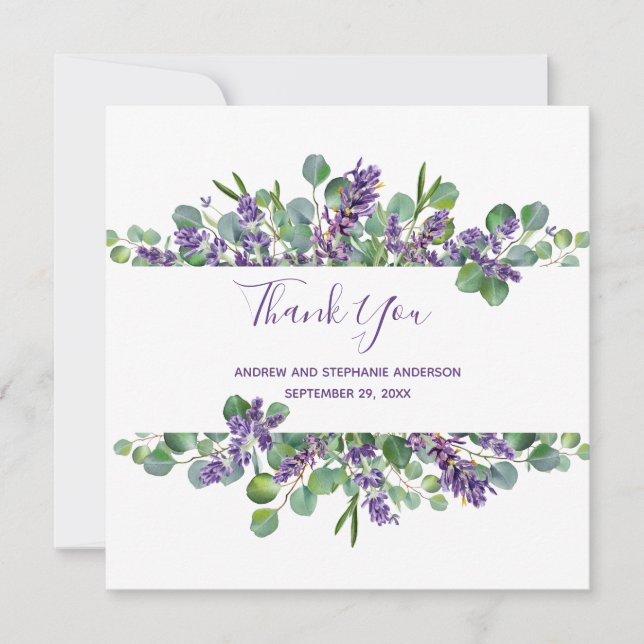 Eucalyptus Lavender Greener Wedding Thank you card (Front)