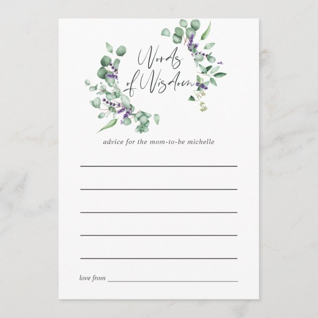 Eucalyptus Lavender Greenery Baby Shower Advice Card (Front)