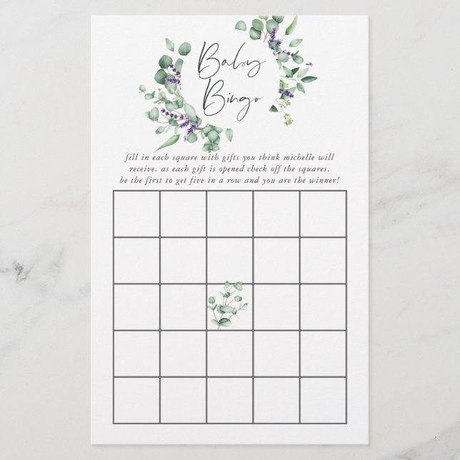 Eucalyptus Lavender Greenery Baby Shower Bingo (Front)