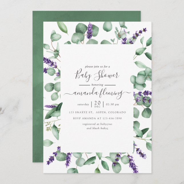 Eucalyptus Lavender Greenery Baby Shower Invitation (Front/Back)
