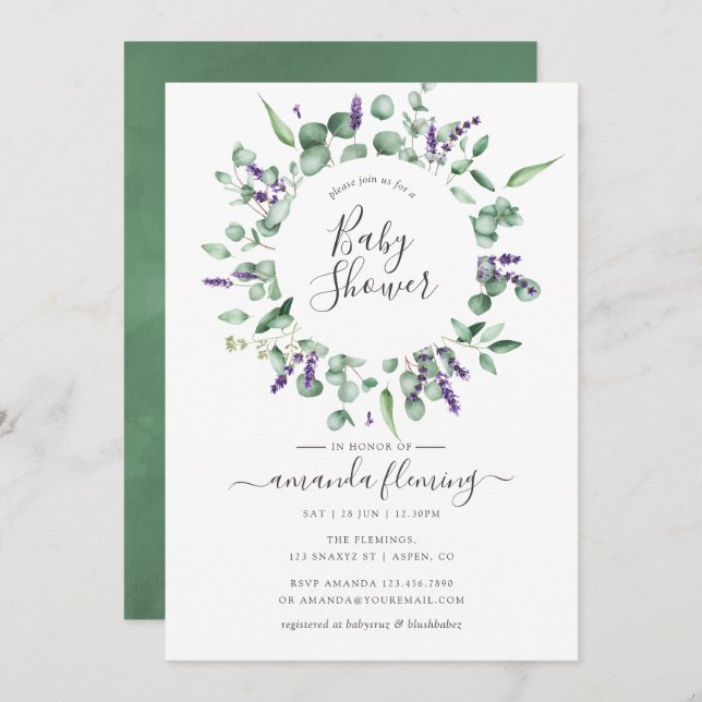 Eucalyptus Lavender Greenery Baby Shower Invitation (Front/Back)