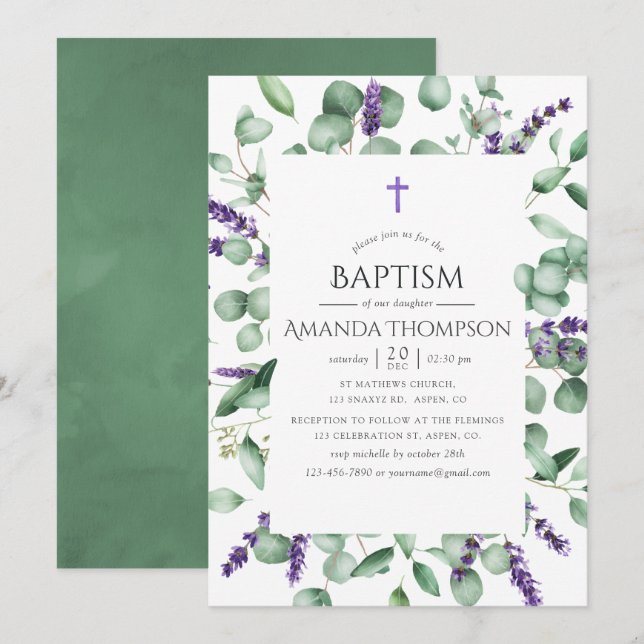 Eucalyptus Lavender Greenery Baptism/Christening Invitation (Front/Back)