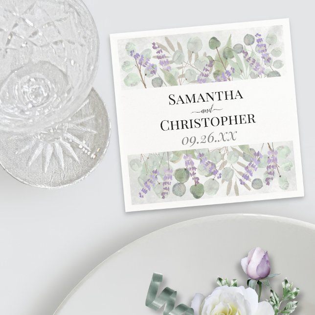 Eucalyptus & Lavender Rustic Watercolor Wedding Napkin (In Situ with Plate)