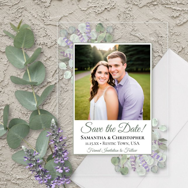 Eucalyptus & Lavender Wedding Save the Date Photo Acrylic Invitations (Clear Acrylic with Rectangle Cut)