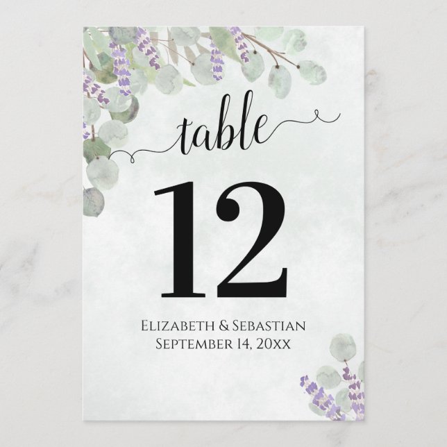 Eucalyptus & Lavender Wedding Table Number Large (Front)