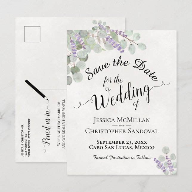 Eucalyptus & Lavender White Wedding Save the Date Announcement Postcard (Front/Back)