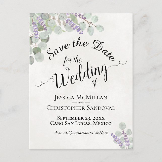 Eucalyptus & Lavender White Wedding Save the Date Announcement Postcard (Front)