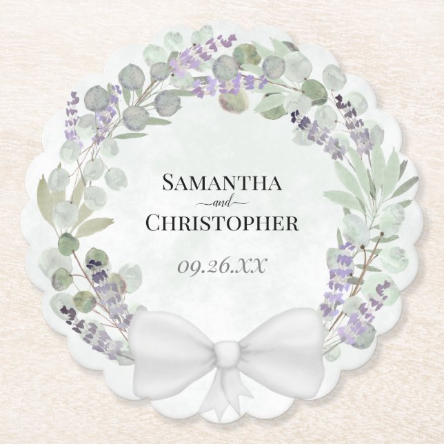 Eucalyptus & Lavender Wreath Elegant Wedding Paper Coaster (Front)