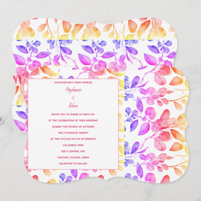 Eucalyptus Leaf Abstract Art Pink Colourful Weddin Invitation (Front/Back)