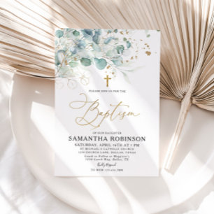 Eucalyptus Leaf and Gold Baptism Invitation