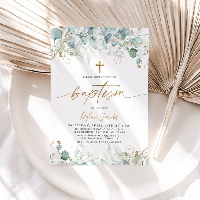 Eucalyptus Leaf and Gold Baptism Invitation (Creator Uploaded)