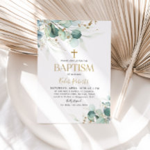 Eucalyptus Leaf and Gold Baptism Invitation