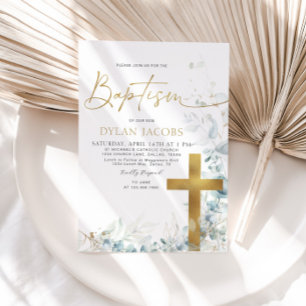 Eucalyptus Leaf and Gold Cross Baptism Invitation