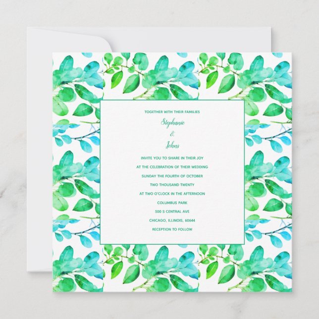 Eucalyptus Leaf Art Green Teal Dusty Blue Wedding Holiday Card (Front)