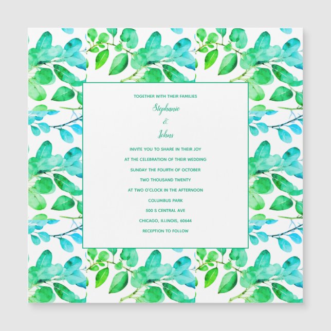 Eucalyptus Leaf Art Green Teal Dusty Blue Wedding Magnetic Invitation (Front)