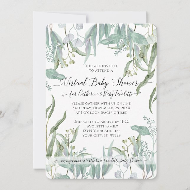 Eucalyptus Leaf Woodsy Foliage Baby Virtual Shower Invitation (Front)