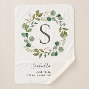 Eucalyptus Leafy Wreath Baby Monogram Birth Stats Sherpa Blanket