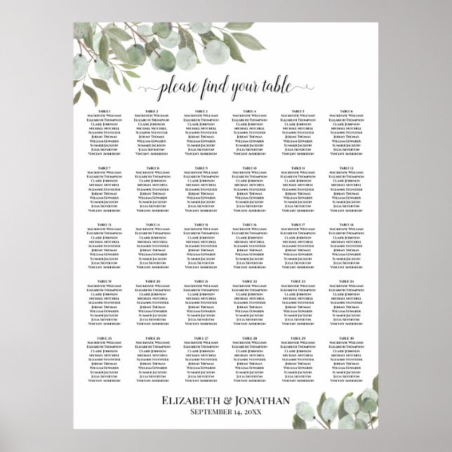 Eucalyptus Leaves 30 Table Wedding Seating Chart (Front)