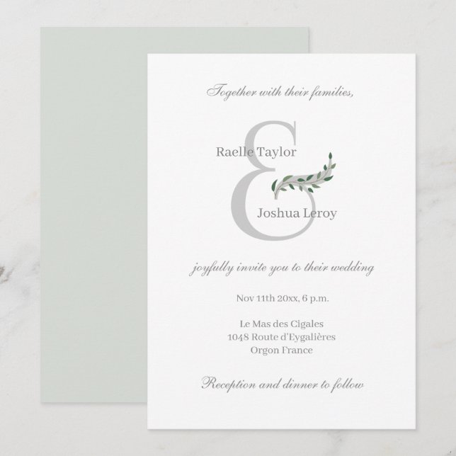Eucalyptus Leaves Ampersand White Grey Wedding Invitation (Front/Back)