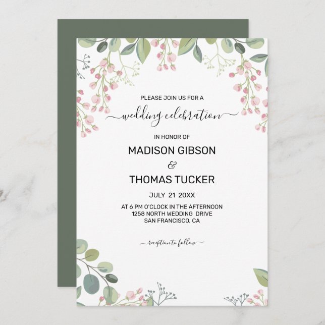 Eucalyptus Leaves And Pink Flowers Wedding Invitation (Front/Back)