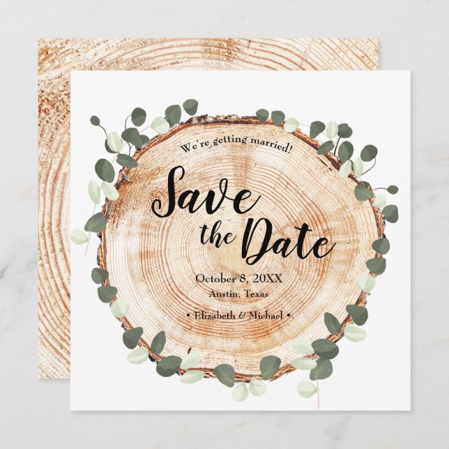 Eucalyptus leaves and wood Wedding website QR code Save The Date (Front/Back)