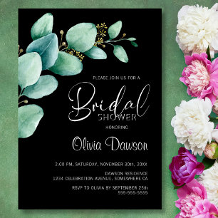 Eucalyptus Leaves Black Bridal Shower Invitation