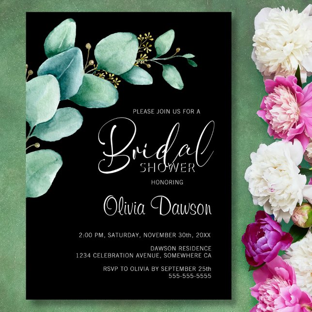 Eucalyptus Leaves Black Bridal Shower Invitation (Creator Uploaded)