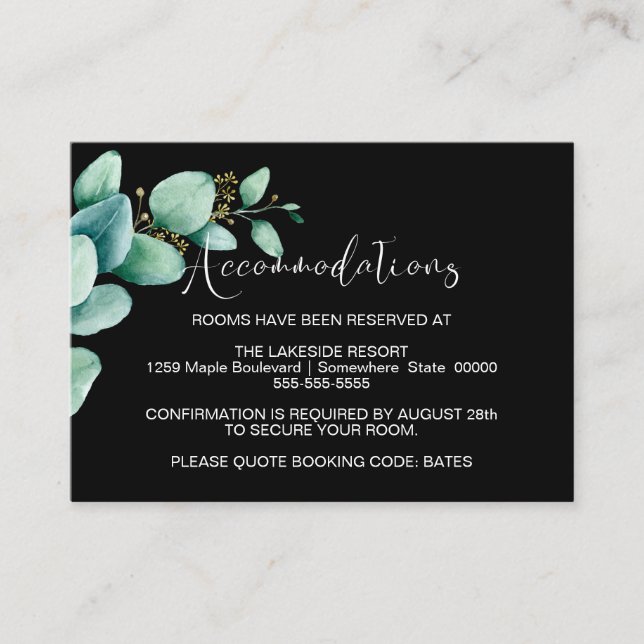 Eucalyptus Leaves Black Wedding Accommodations Enclosure Card (Front)
