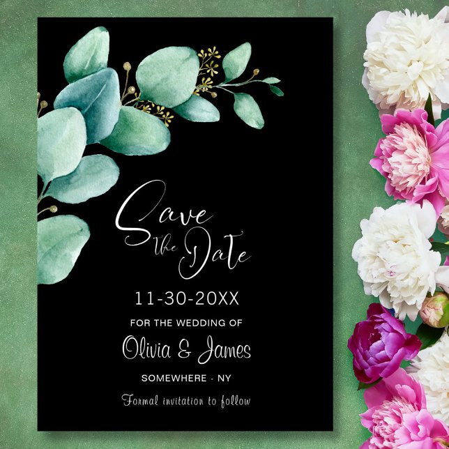 Eucalyptus Leaves Black Wedding Save the Date (Creator Uploaded)