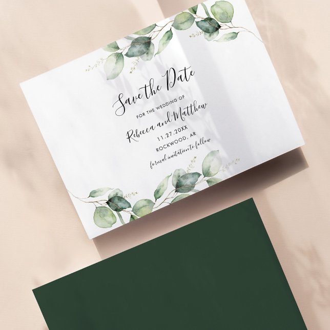 Eucalyptus Leaves Botanical Wedding Save The Date (Eucalyptus Greenery Save the Date Script Wedding Announcement Card)
