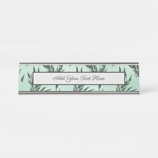 Eucalyptus Leaves Branches Gold Sparkles Desk Name Plate (Front)
