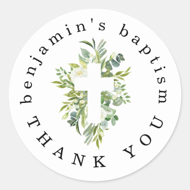 Eucalyptus Leaves Cross Name Thank You Baptism Classic Round Sticker (Front)