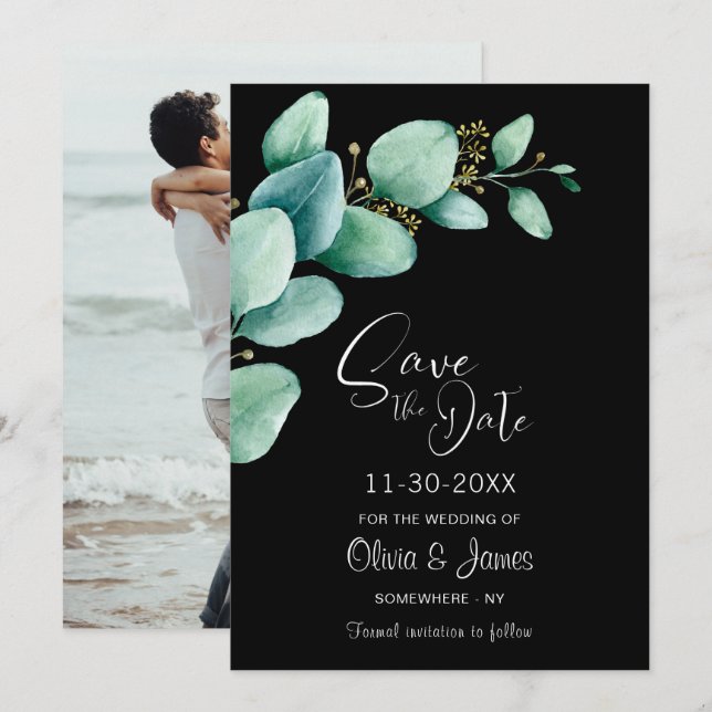 Eucalyptus Leaves Custom Photo Black Wedding Save The Date (Front/Back)