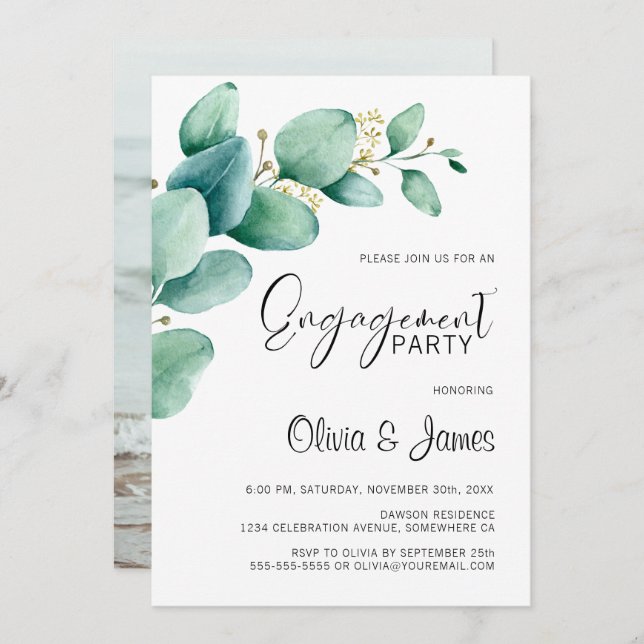 Eucalyptus Leaves Custom Photo Engagement Party Invitation (Front/Back)