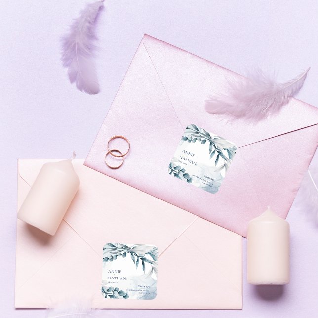 Eucalyptus Leaves Dusty Blue Wedding Thank You Square Sticker (Eucalyptus Leaves Dusty Blue Wedding Thank You Square Sticker)